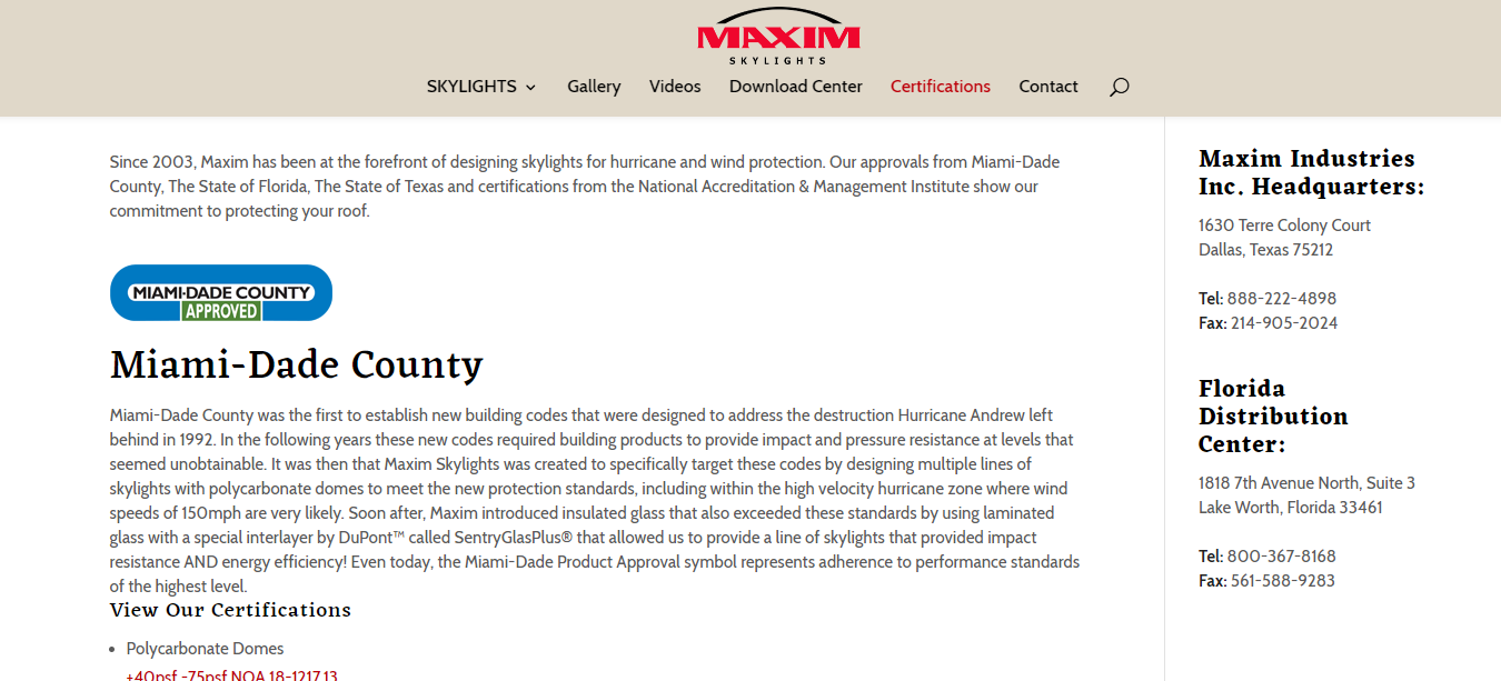 Screenshot of Maxim Certifications Page